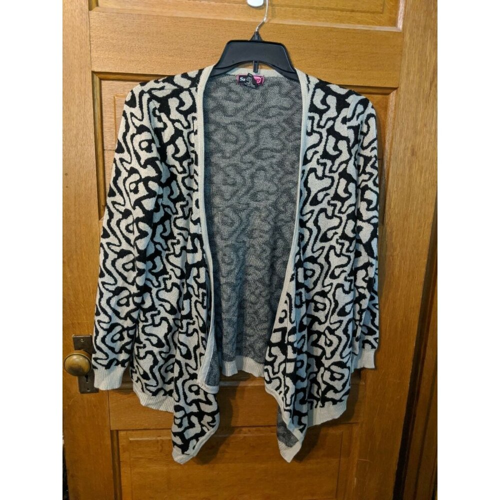 Say What? Open Front Cardigan Size L Black Tan Sweater Womens